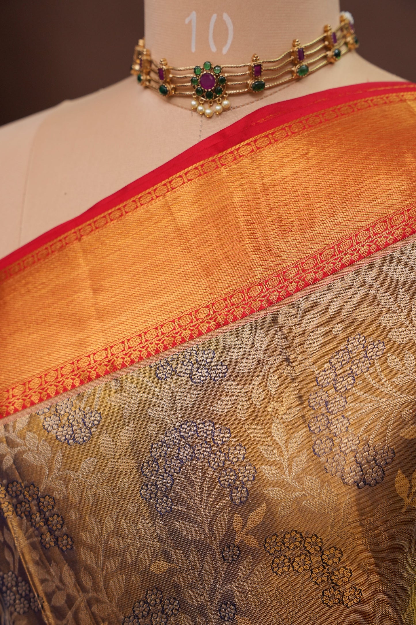 Antique Gold & Vermilion Red Pure Tissue Kanchipuram Silk Saree|Silk Mark Certified