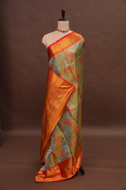 Sea Green & Vermilion Red Pure Tissue Kanchipuram Silk Saree|Silk Mark Certified