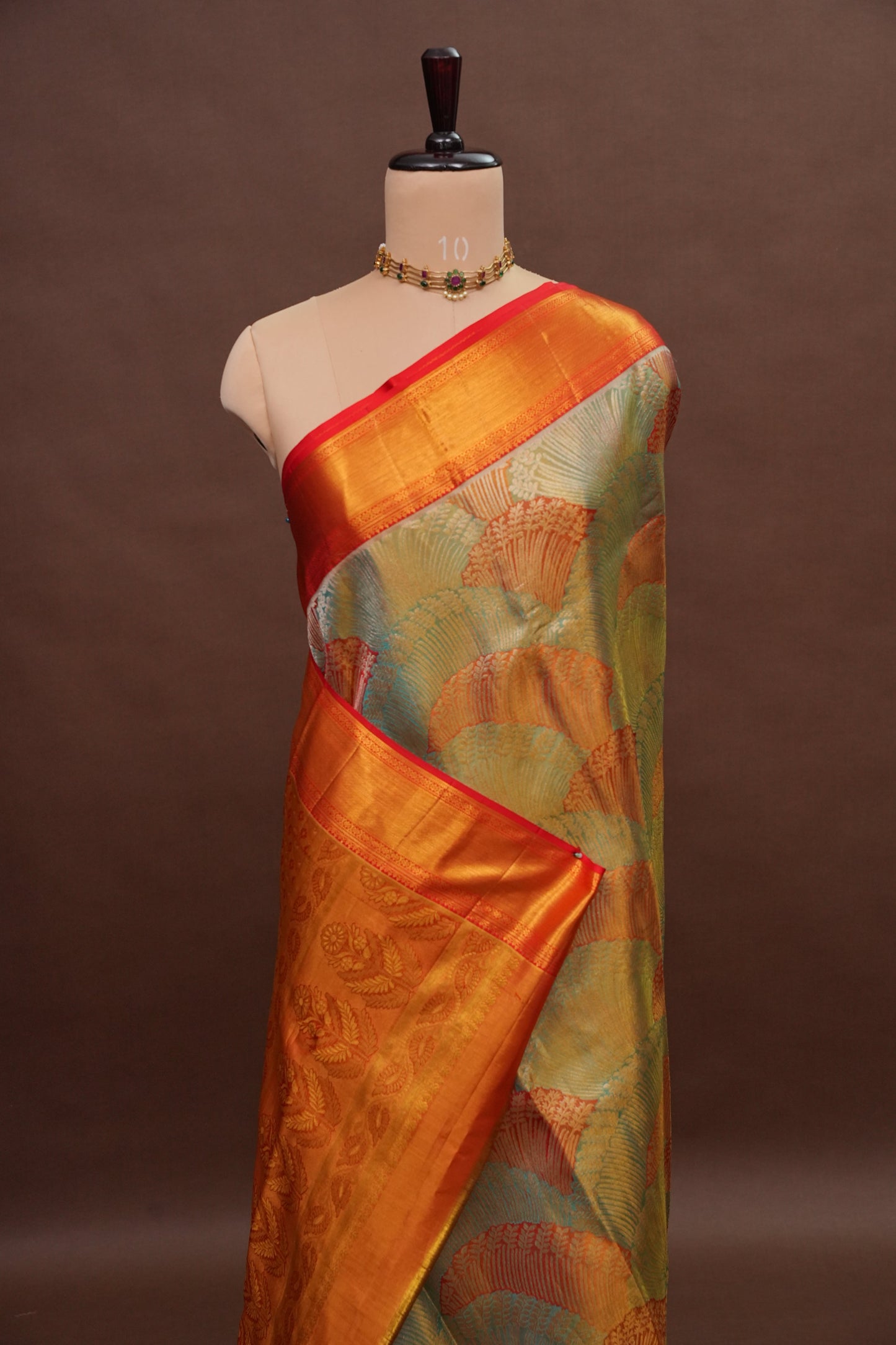 Sea Green & Vermilion Red Pure Tissue Kanchipuram Silk Saree|Silk Mark Certified