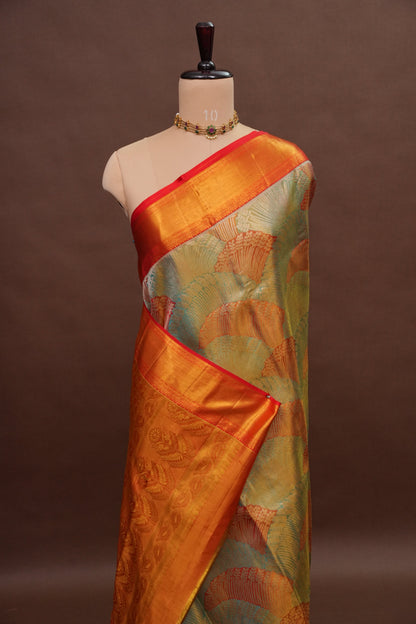 Sea Green & Vermilion Red Pure Tissue Kanchipuram Silk Saree|Silk Mark Certified