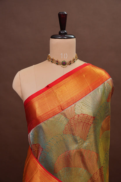 Sea Green & Vermilion Red Pure Tissue Kanchipuram Silk Saree|Silk Mark Certified