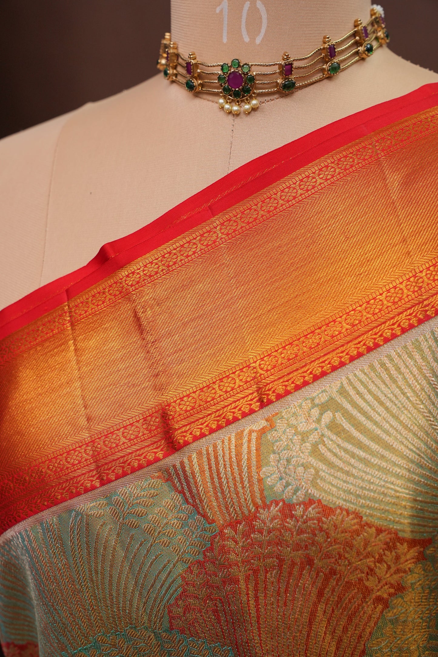 Sea Green & Vermilion Red Pure Tissue Kanchipuram Silk Saree|Silk Mark Certified