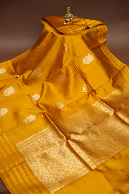 PURE MANGO SILK SAREE – MUSTARD GOLD WITH FLORAL ZARI BUTTAS