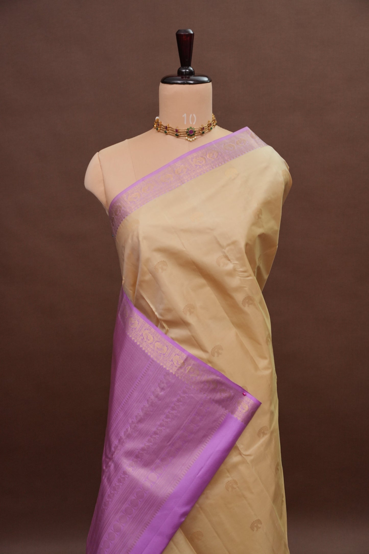 Beige & Lilac Pure Kanchipuram Silk Saree|Silk Mark Certified