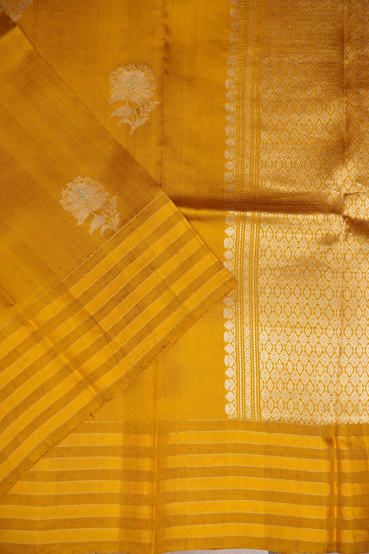 PURE MANGO SILK SAREE – MUSTARD GOLD WITH FLORAL ZARI BUTTAS