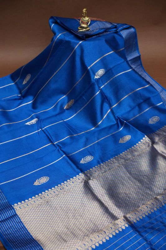 Pure Mango Silk Saree – Royal Blue with Silver-Gold Zari Motifs & Rich Gold Zari Pallu