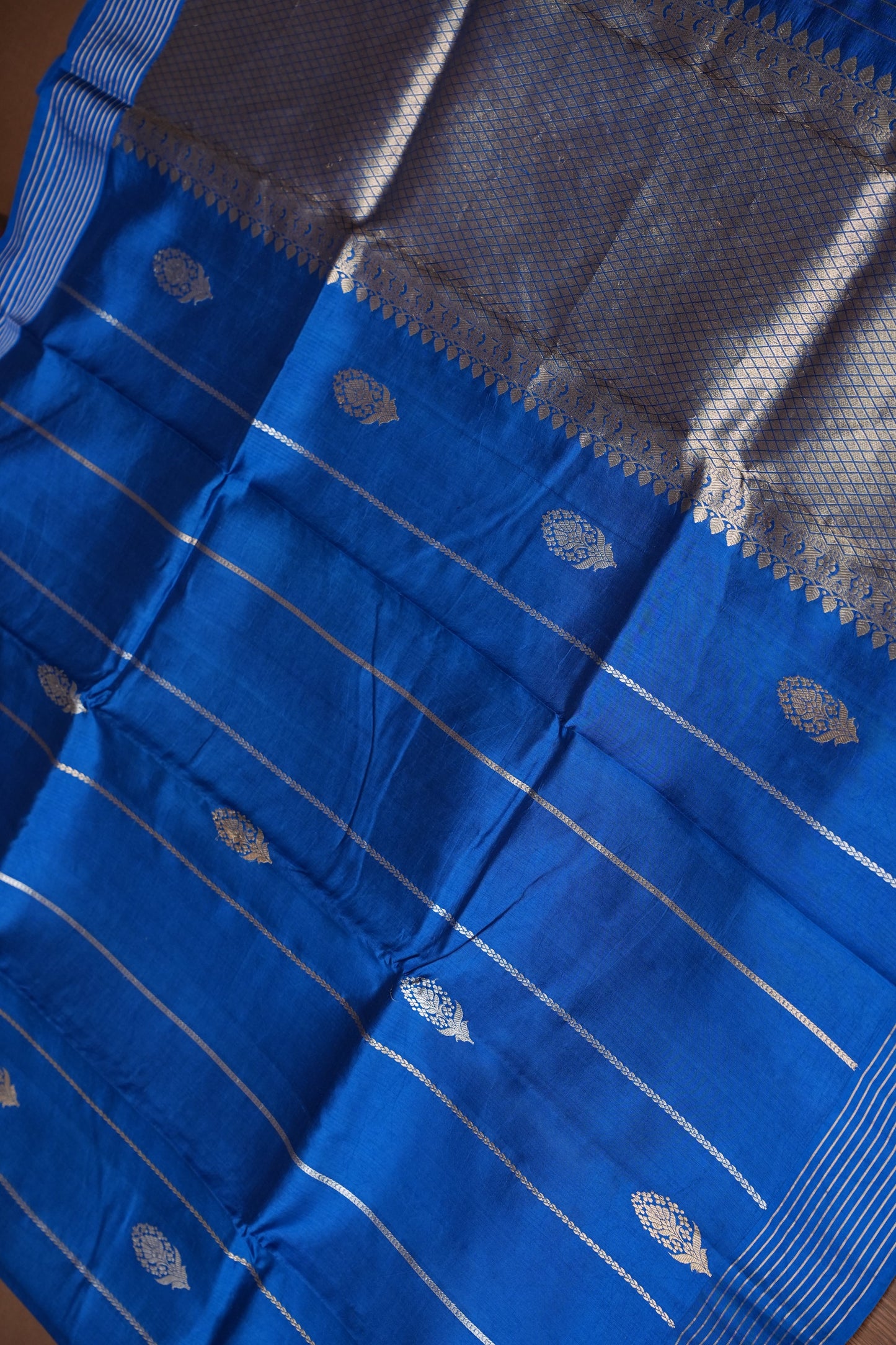 Pure Mango Silk Saree – Royal Blue with Silver-Gold Zari Motifs & Rich Gold Zari Pallu