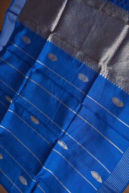 Pure Mango Silk Saree – Royal Blue with Silver-Gold Zari Motifs & Rich Gold Zari Pallu