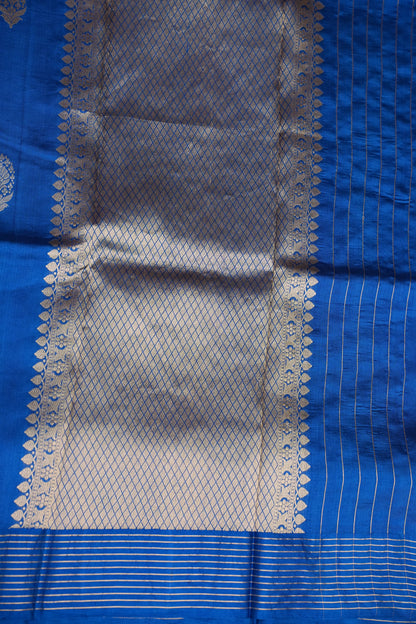 Pure Mango Silk Saree – Royal Blue with Silver-Gold Zari Motifs & Rich Gold Zari Pallu