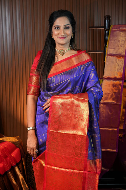 Pure Kuppadam Silk Cotton Saree - Royal Blue and Red