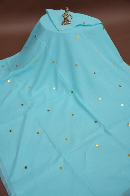 Mulmul Cotton Saree with Tassels - Sky Blue
