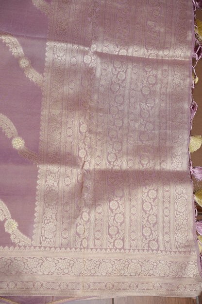 Mellow Tissue Banarasi Silk Saree in Soft Pink with Antique Silver Zari.