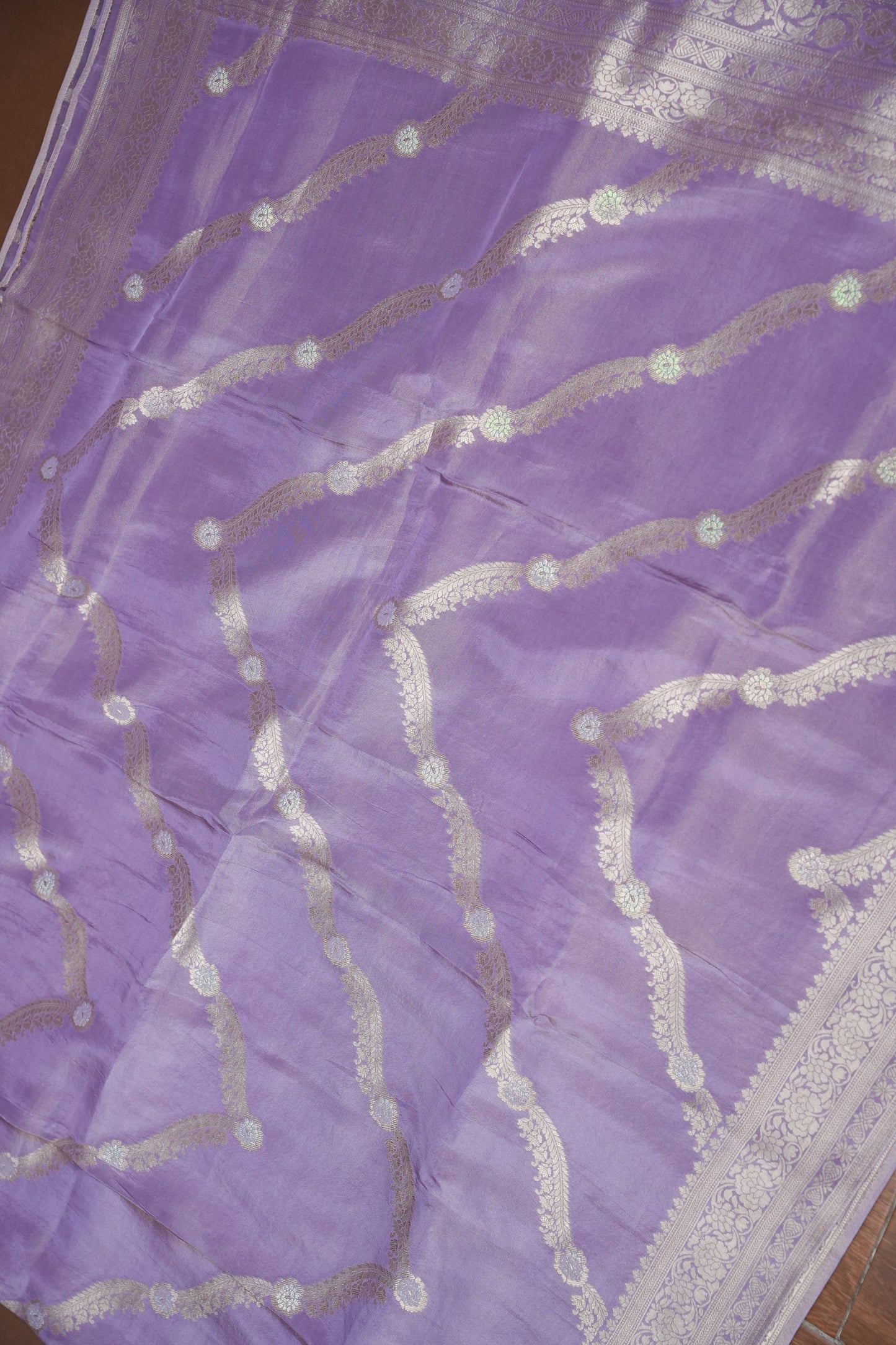 Mellow Tissue Banarasi Silk Saree in Lavender Mist with Silver Zari Floral Vines