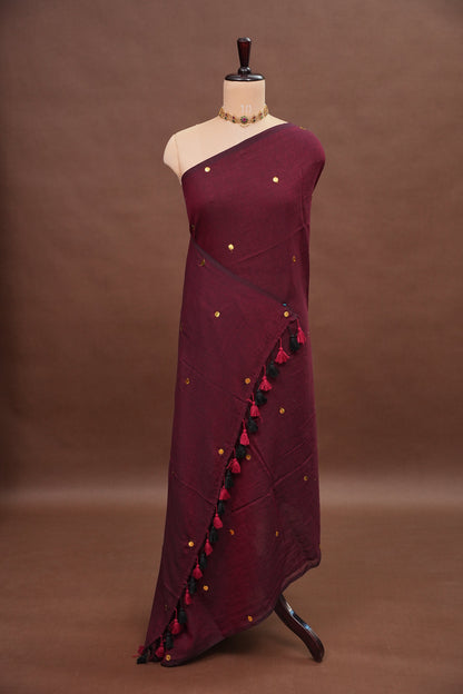 Mulmul Cotton Saree with Tassels - Maroon