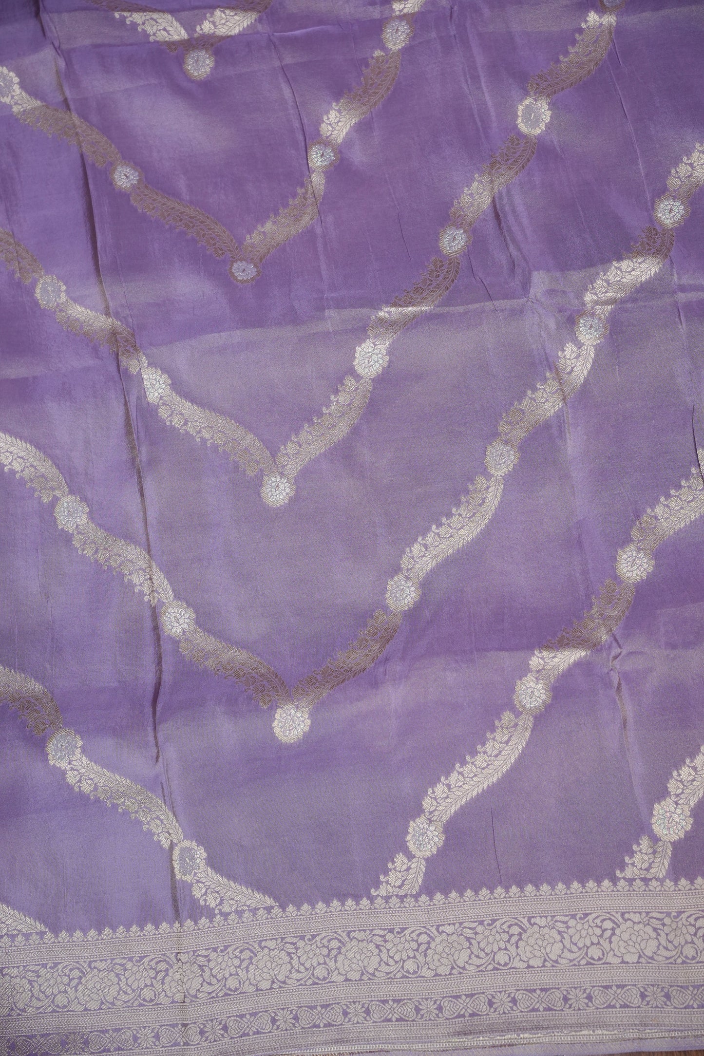 Mellow Tissue Banarasi Silk Saree in Lavender Mist with Silver Zari Floral Vines