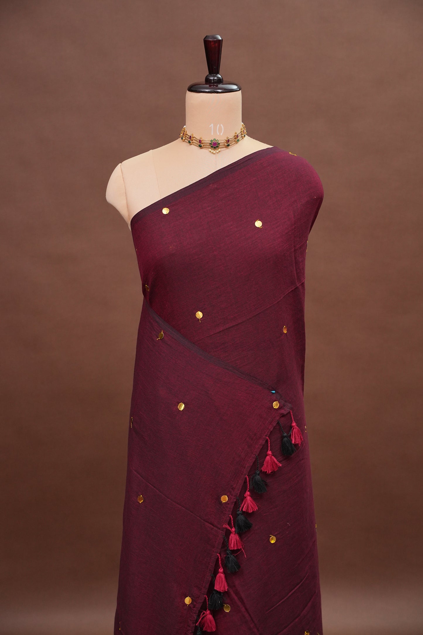 Mulmul Cotton Saree with Tassels - Maroon