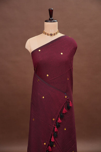 Mulmul Cotton Saree with Tassels - Maroon