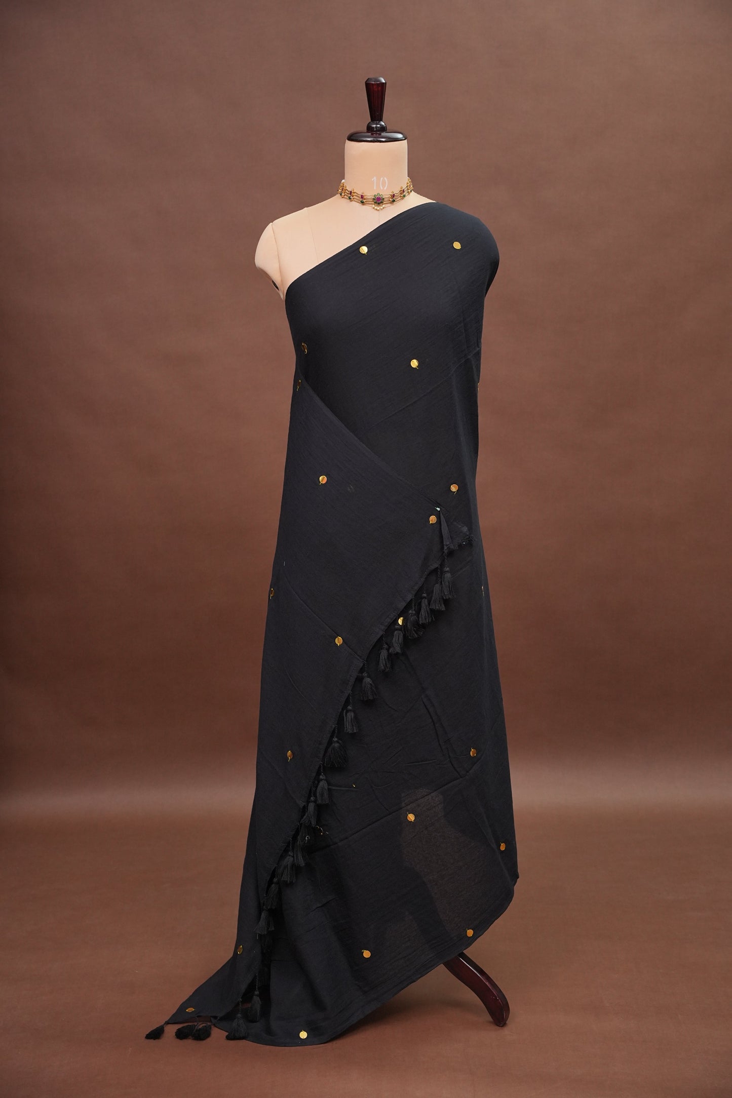 Mulmul Cotton Saree with Tassels - Black