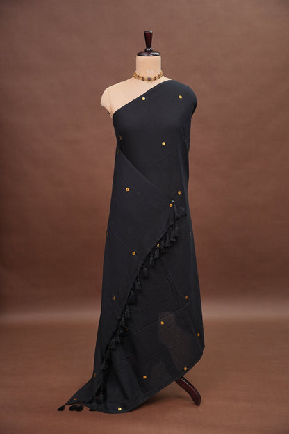 Mulmul Cotton Saree with Tassels - Black