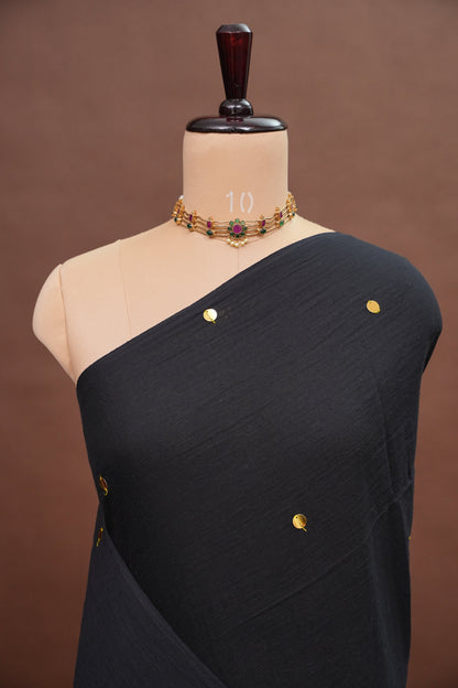 Mulmul Cotton Saree with Tassels - Black