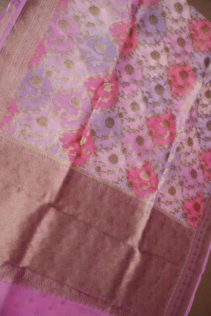 Pure Kora Banarasi Silk Saree in Blush Pink with Floral Jaal Weaving