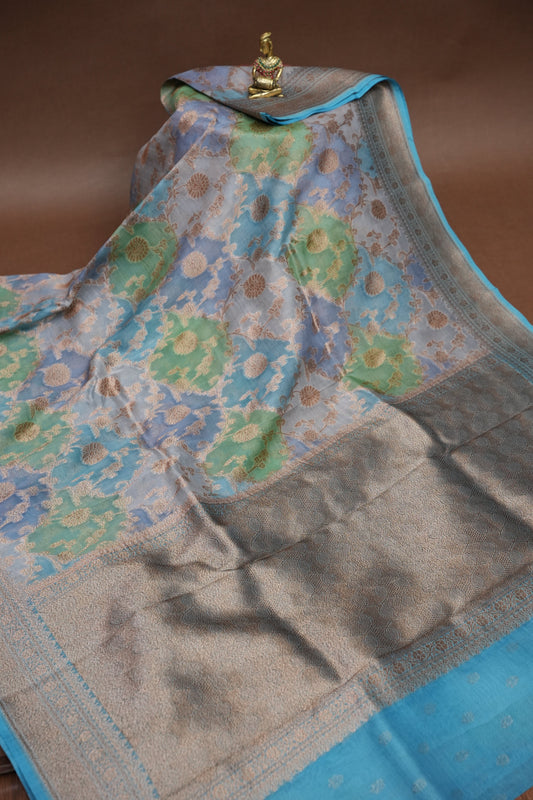 Pure Kora Banarasi Silk Saree with Floral Jaal Weaving – Sky Blue & Mint Green