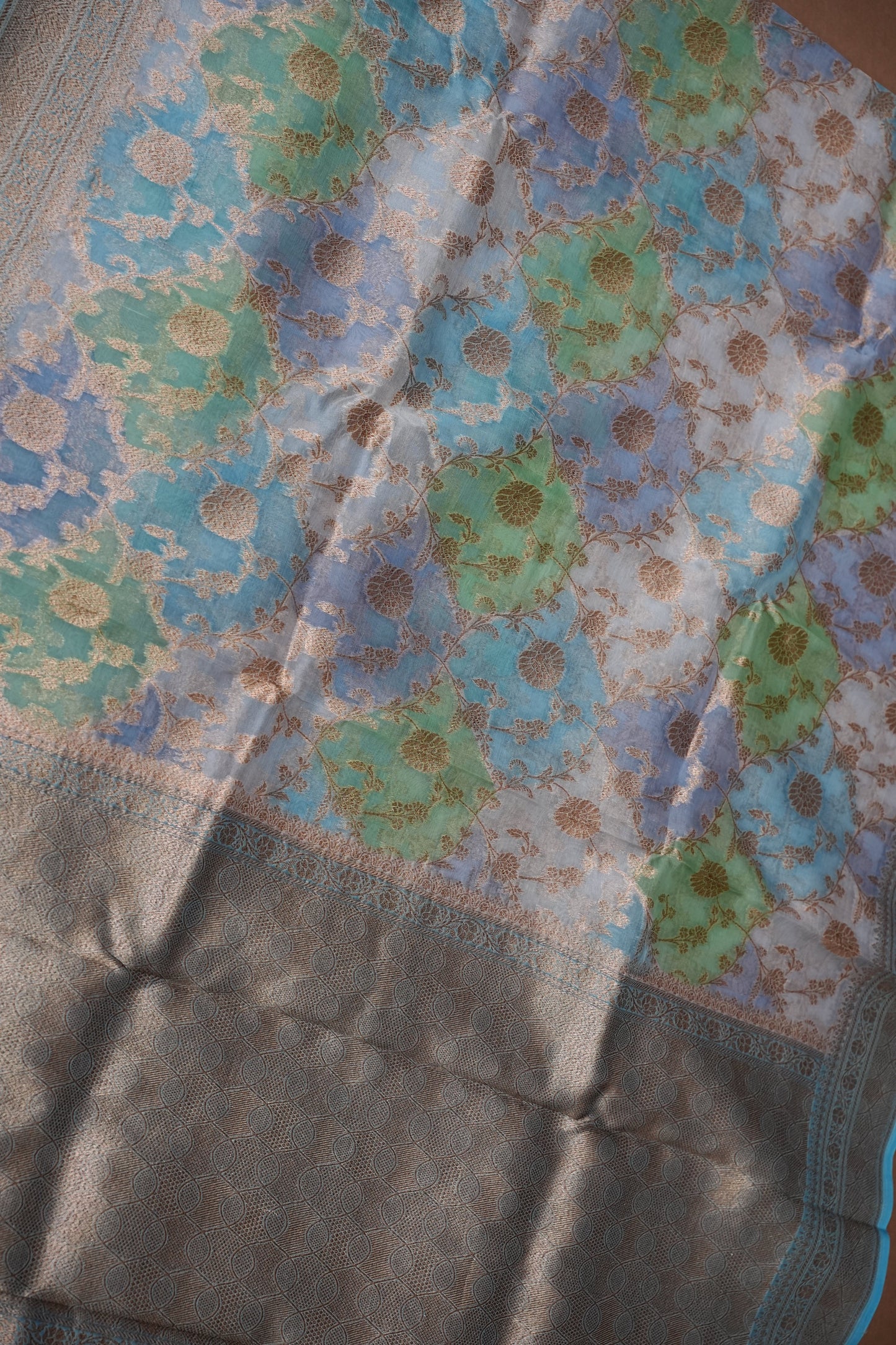 Pure Kora Banarasi Silk Saree with Floral Jaal Weaving – Sky Blue & Mint Green