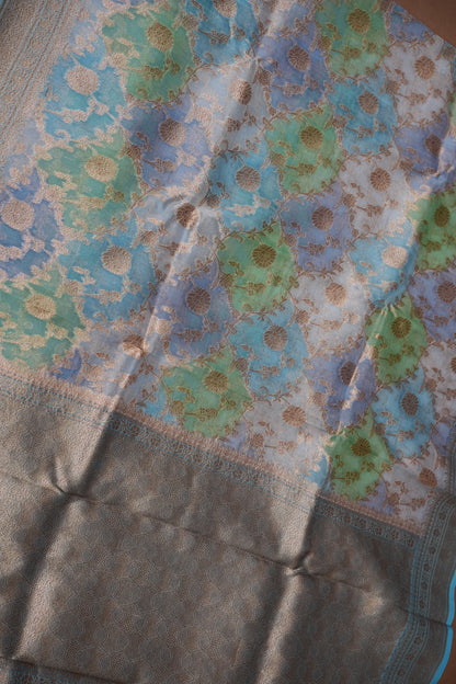Pure Kora Banarasi Silk Saree with Floral Jaal Weaving – Sky Blue & Mint Green
