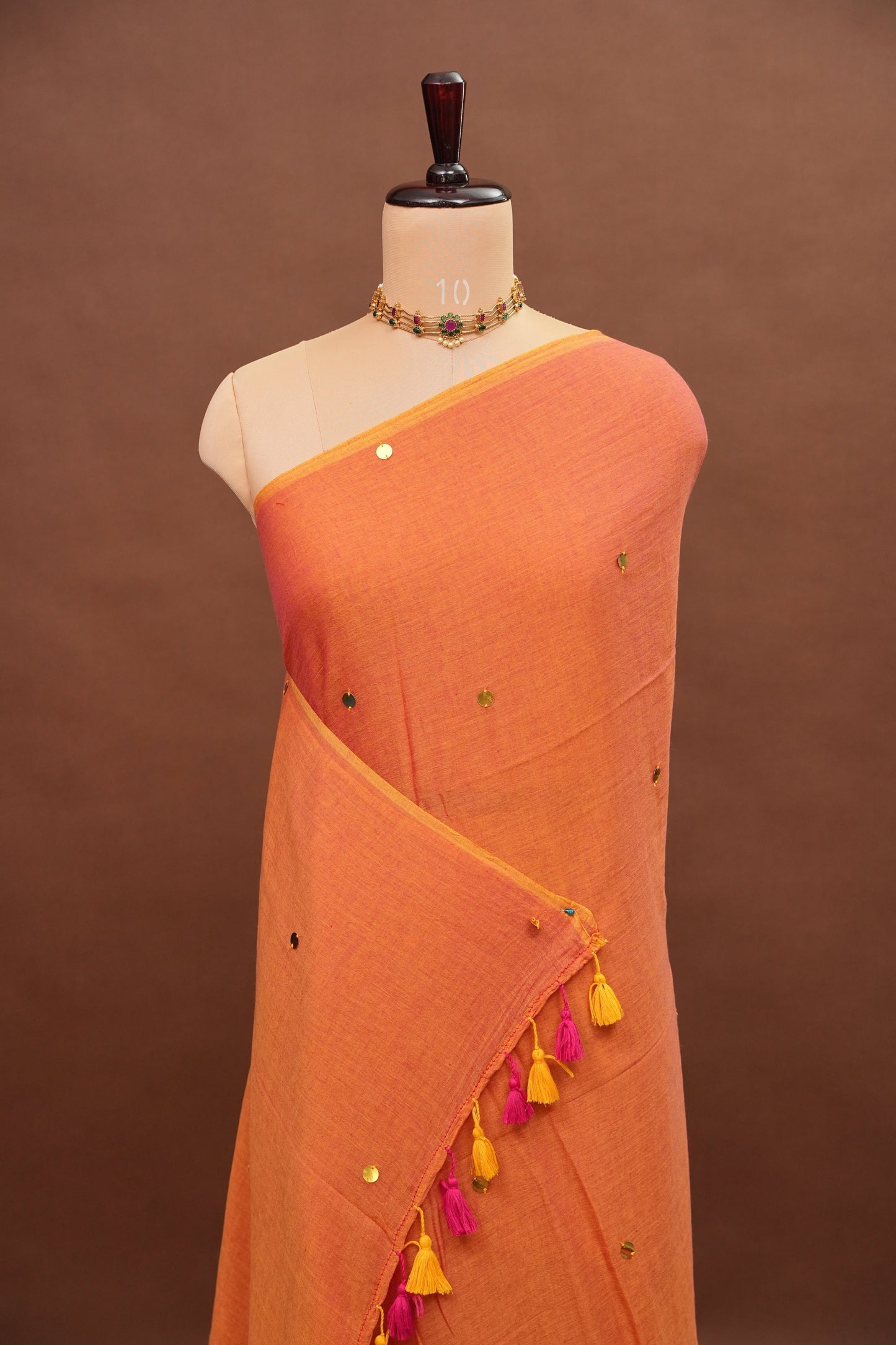 Mulmul Cotton Saree with Tassels - Peachy Orange