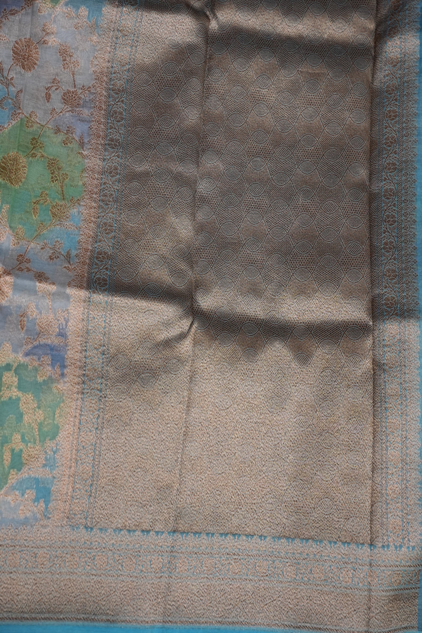 Pure Kora Banarasi Silk Saree with Floral Jaal Weaving – Sky Blue & Mint Green