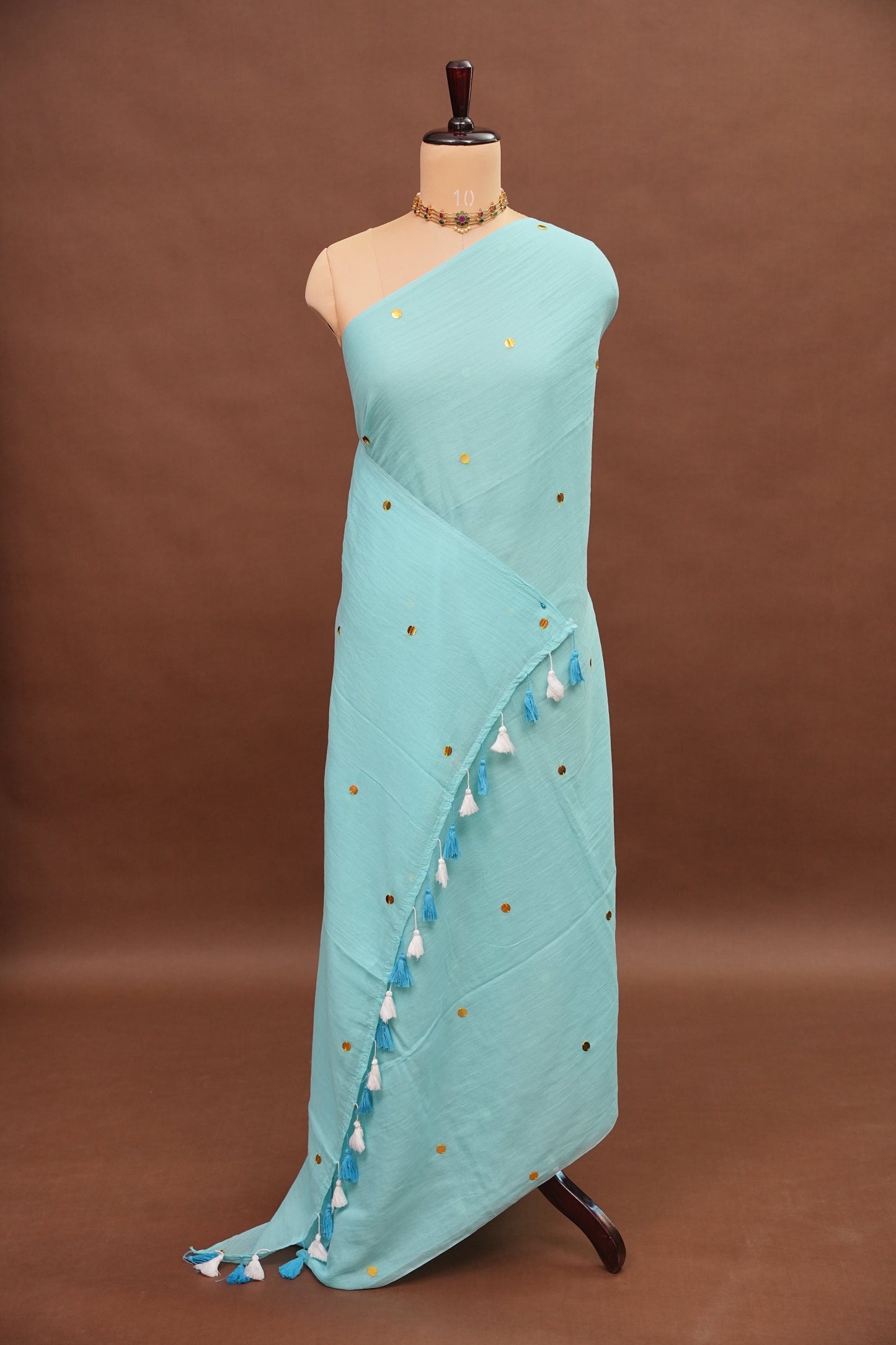 Mulmul Cotton Saree with Tassels - Sky Blue