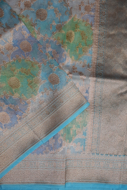 Pure Kora Banarasi Silk Saree with Floral Jaal Weaving – Sky Blue & Mint Green