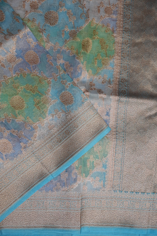 Pure Kora Banarasi Silk Saree with Floral Jaal Weaving – Sky Blue & Mint Green