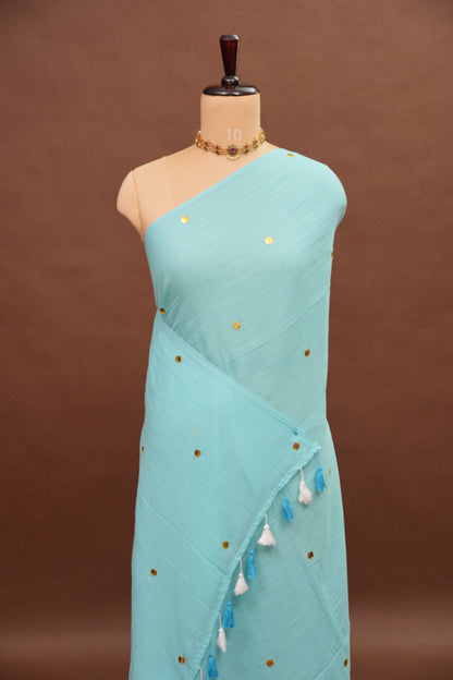 Mulmul Cotton Saree with Tassels - Sky Blue