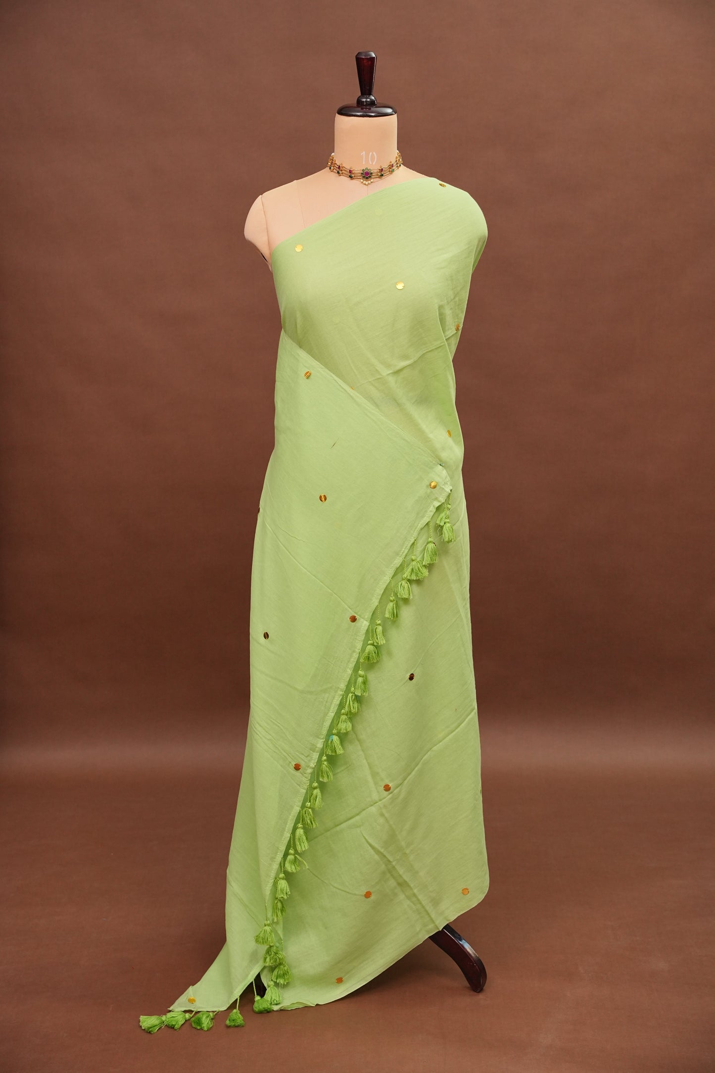 Mulmul Cotton Saree with Tassels - Pistachio Green