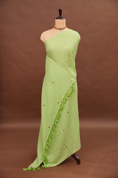 Mulmul Cotton Saree with Tassels - Pistachio Green