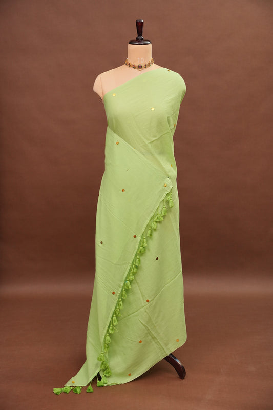 Mulmul Cotton Saree with Tassels - Pistachio Green