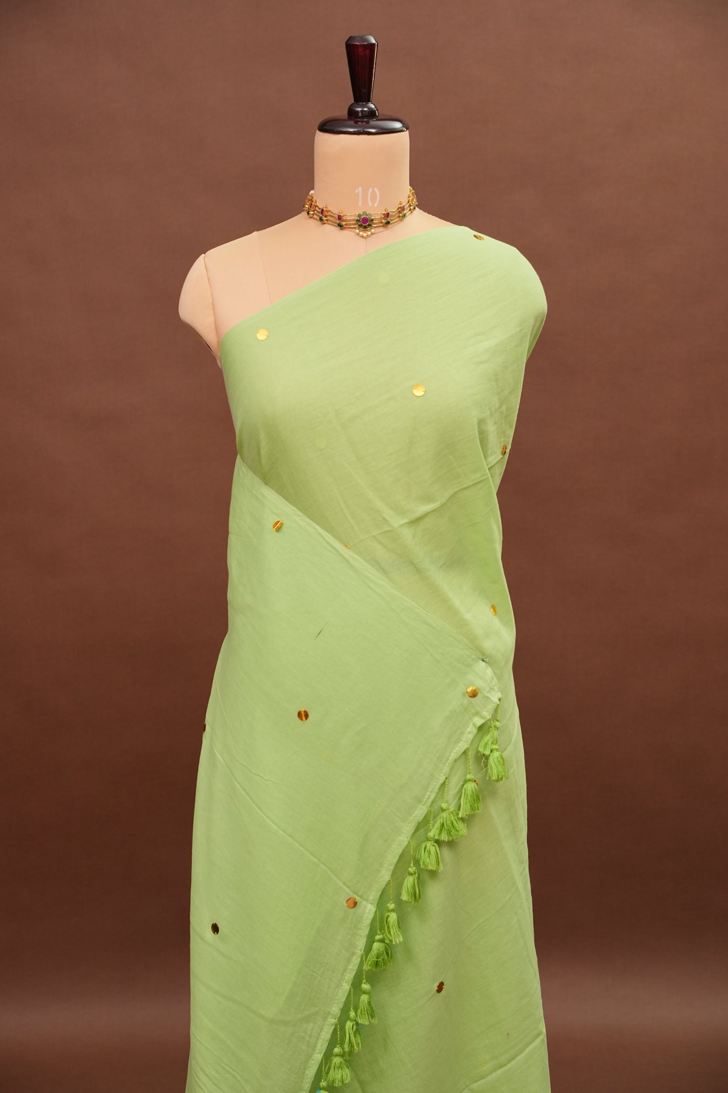 Mulmul Cotton Saree with Tassels - Pistachio Green