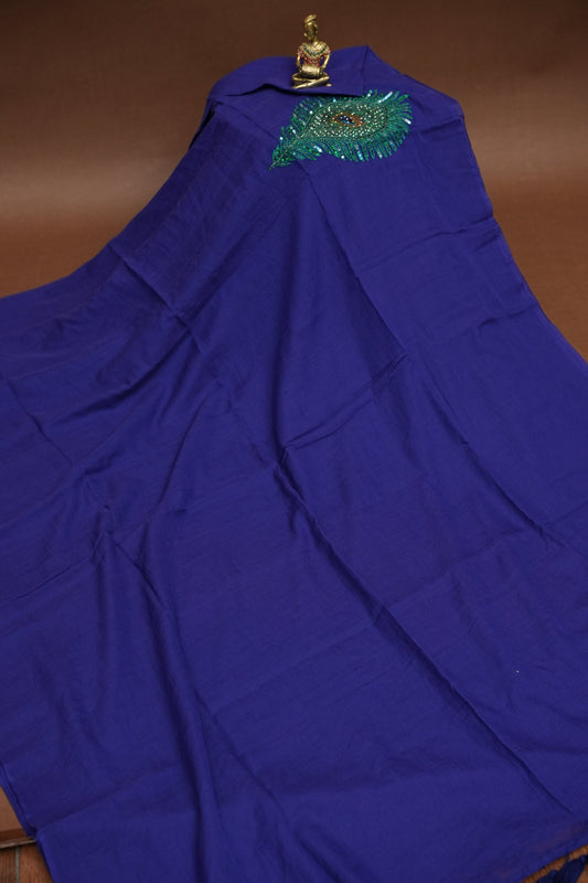 Royal Blue Mul Mul Cotton Party Wear Saree with Handcrafted Peacock Feather Embellishment