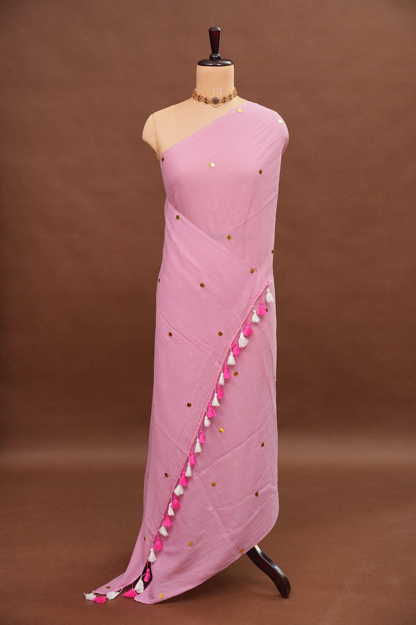 Mulmul Cotton Saree with Tassels - Pink