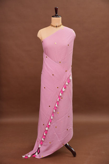 Mulmul Cotton Saree with Tassels - Pink