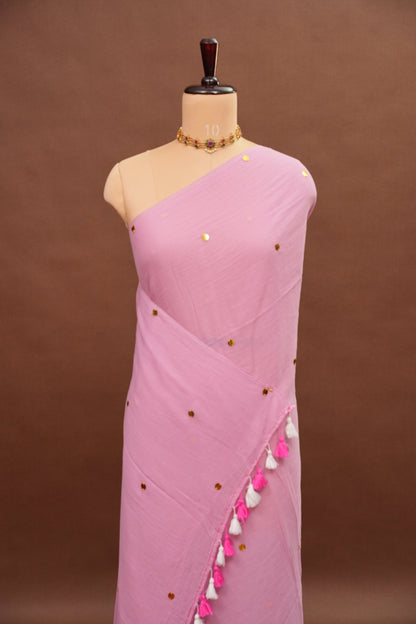 Mulmul Cotton Saree with Tassels - Pink