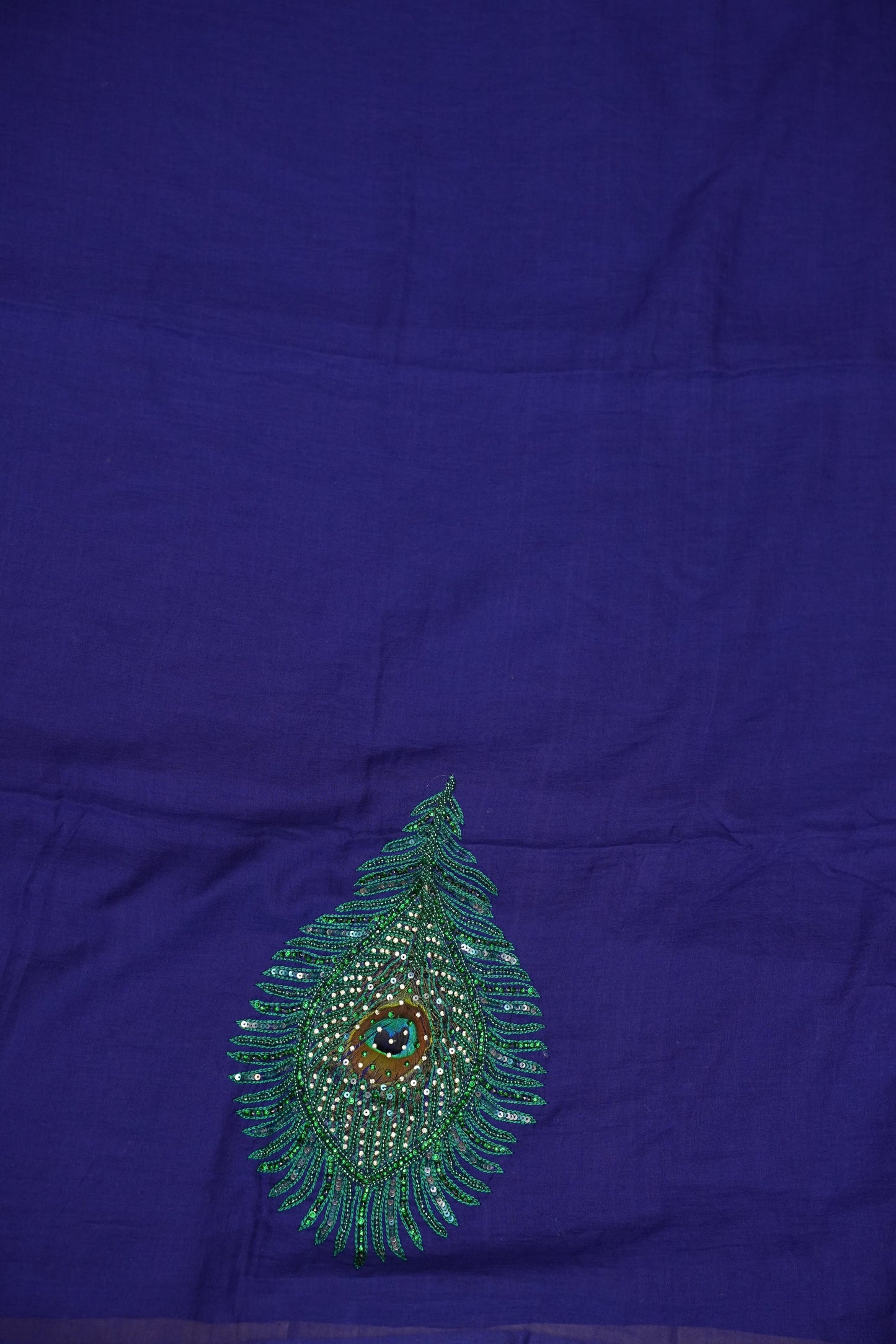 Royal Blue Mul Mul Cotton Party Wear Saree with Handcrafted Peacock Feather Embellishment