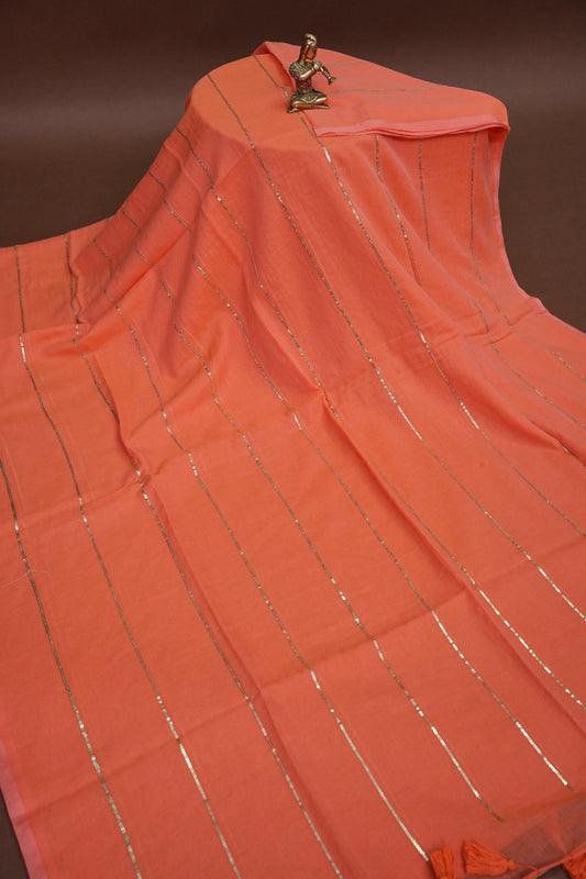 Mulmul Cotton Saree with Tassels - Peach Orange