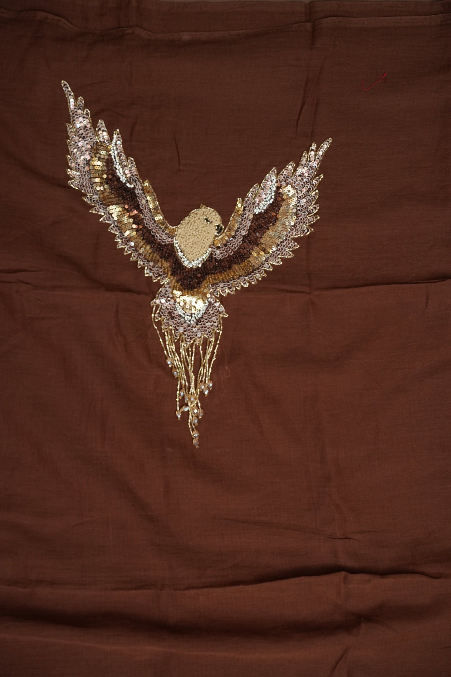 Chocolate Brown Mul Mul Cotton Party Wear Saree with Handcrafted Flying Eagle Embellishment