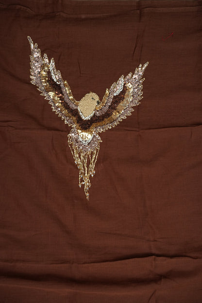 Chocolate Brown Mul Mul Cotton Party Wear Saree with Handcrafted Flying Eagle Embellishment