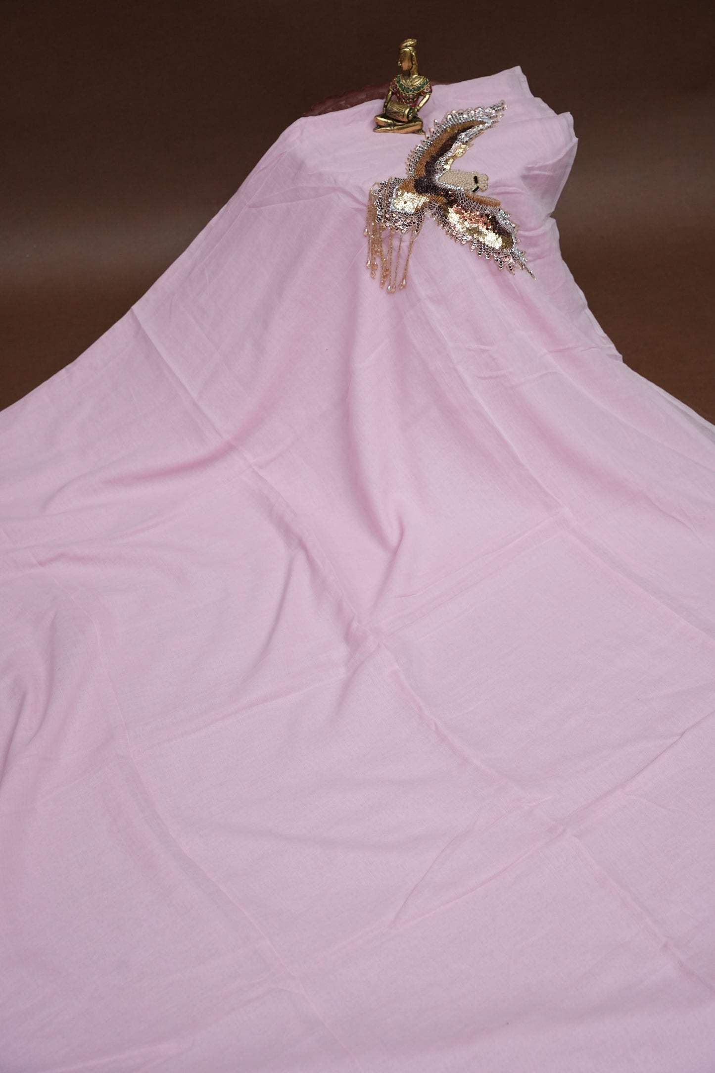 Blush Pink Mul Mul Cotton Party Wear Saree with Handcrafted Flying Eagle Embellishment