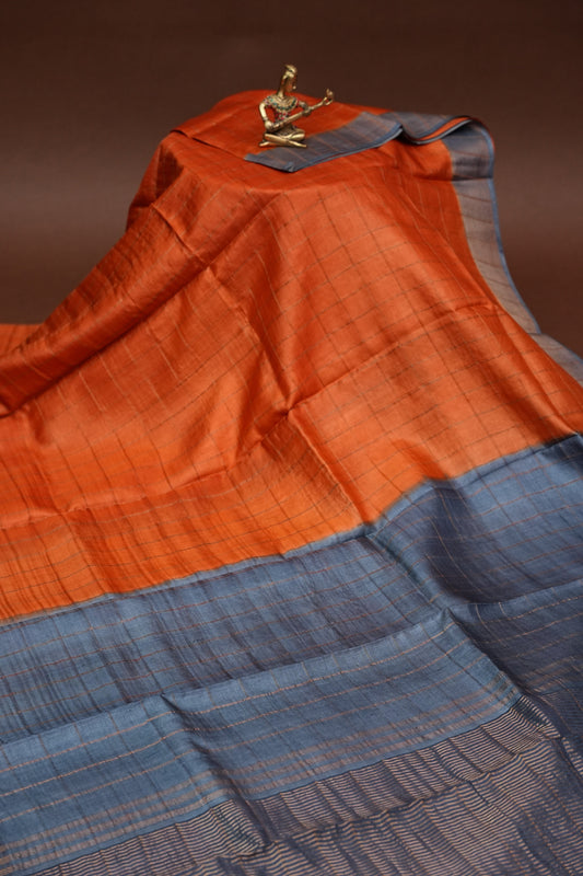 Pure Tussar Silk Saree with Handpainted Blouse-Orange|Silk Mark Certified
