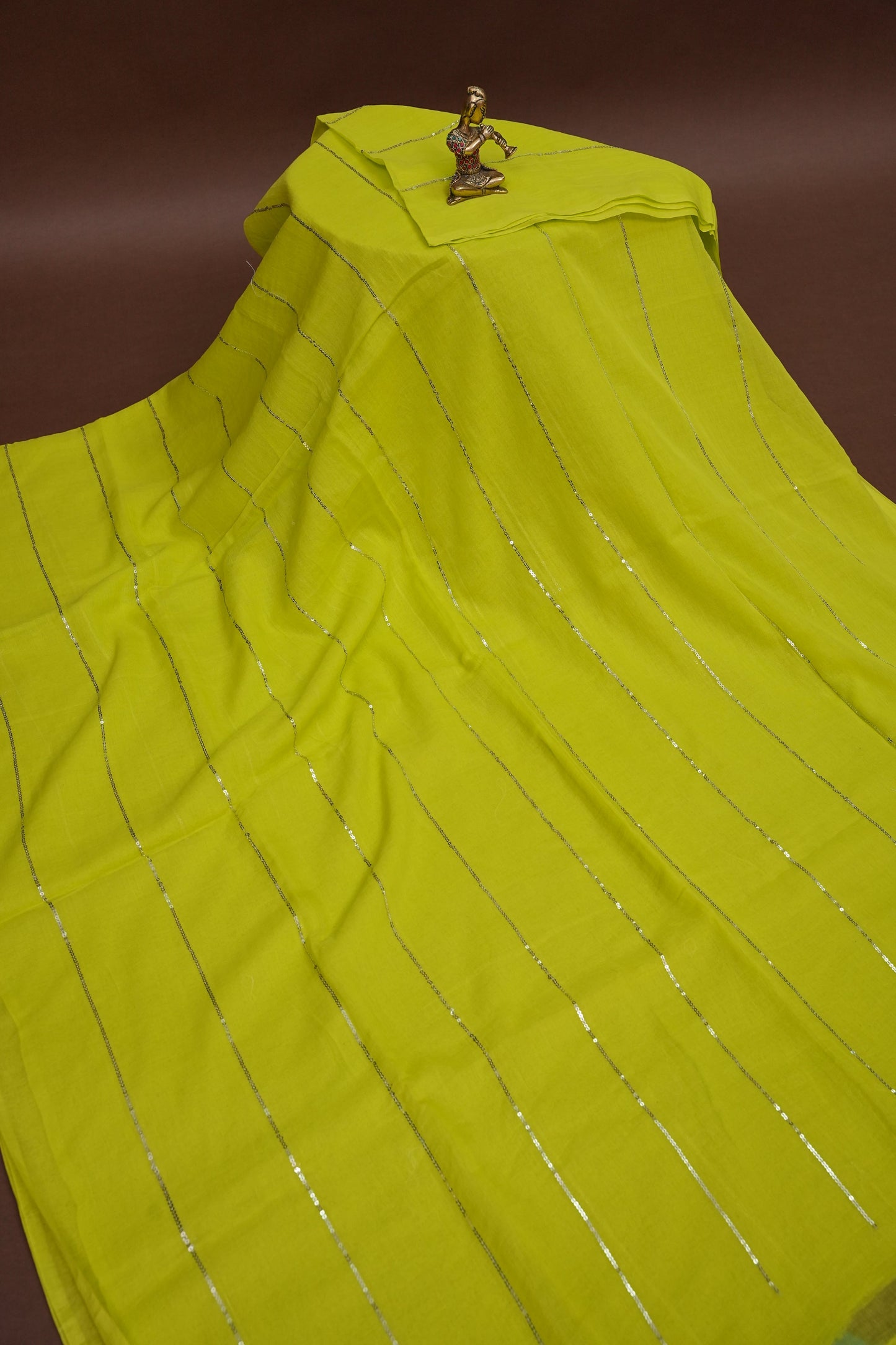 Mulmul Cotton Saree with Tassels - Parrot Green