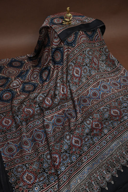 Pure Modal Silk Saree with Authentic Ajrakh Prints – Black